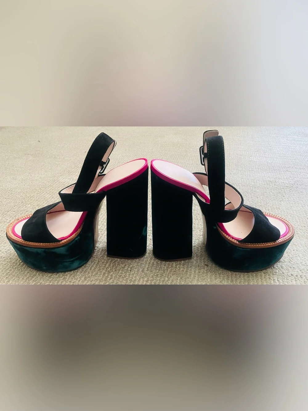 VICTORIA BECKHAM Green & Black Velvet Platform Sandals With Pink Accent